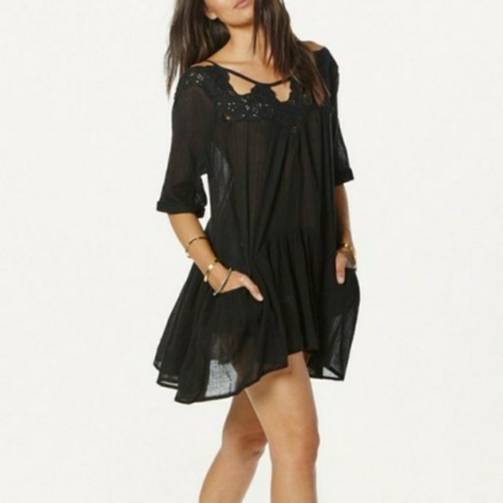 Free People Candy Cutwork Pocket Tunic Black Size Small